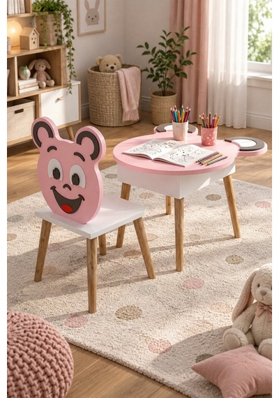 Sulorahome Happy Face Çocuk Masa Ve Sandalye Seti Pembe Pembe - Beyaz
