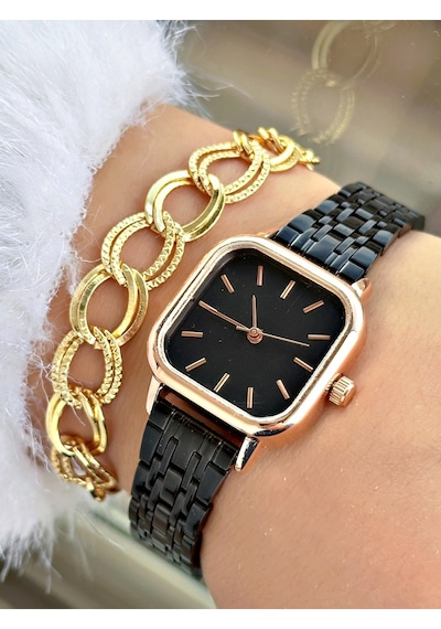 Limited Edition Metal Kordon Classic Tasarım Kare Model Metal Kasa Kadın Kol Saati-bileklik Hediyeli Siyah