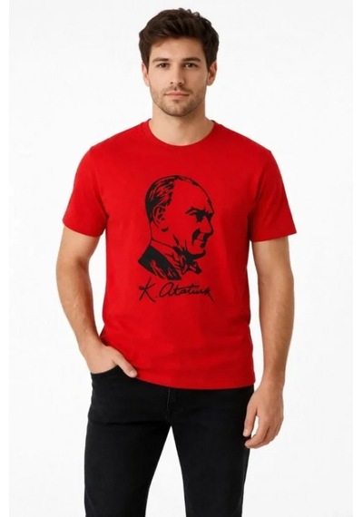 Efnaz Style Erkek Atatürk Baskılı Tişört Kısa Kollu Bisiklet Yaka T-shirt - Kırmızı Kirmizi