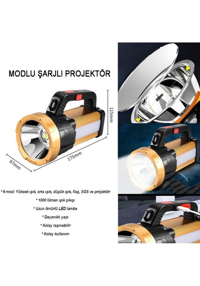 Watton Wt-615 6 Mod Şarjlı El Feneri Projektör Tipi Siyah