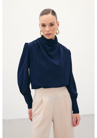 Sateen Drape Detaylı Bluz - Lacivert