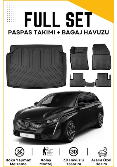 Peugeot 308 2023 Model Birebir Uyumlu Bagaj Havuzu+paspas Seti