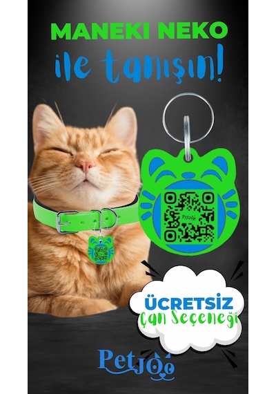 Petjoo 4.Maneki Neko Mavi-Yeşil Qr'lı Kedi Künyesi