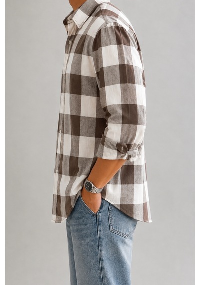 Cool Tarz Erkek Ekose Desenli Oxford Regular Fit Uzun Kollu Gömlek Kahverengi Kahverengi