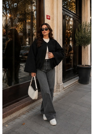 Unika Boutique Kadın Kaşe Kumaş Bomber Ceket Siyah