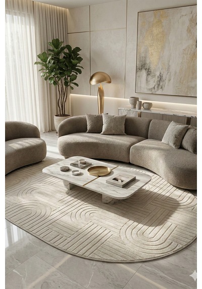 Modern Oval Halı Bambu Dokulu Kaymaz Taban Yumuşak Salon Yatak Odası Halısı Krem