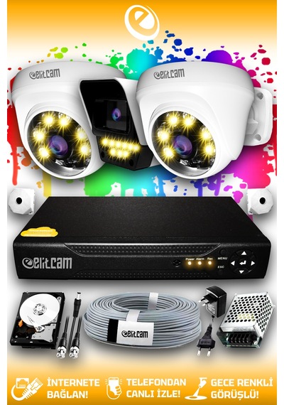Elitcam 3 Kameralı Süper 2 İç Kamera Set 320 GB 5 MP 2K Net Renkli Gece Görüşlü Güvenlik Kamerası Sistemi