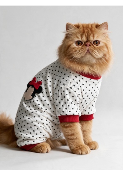 Polka Dot Rouge Minny Kedi Tulumu Siyah Beyaz Puantiyeli Penye Kedi Pijaması
