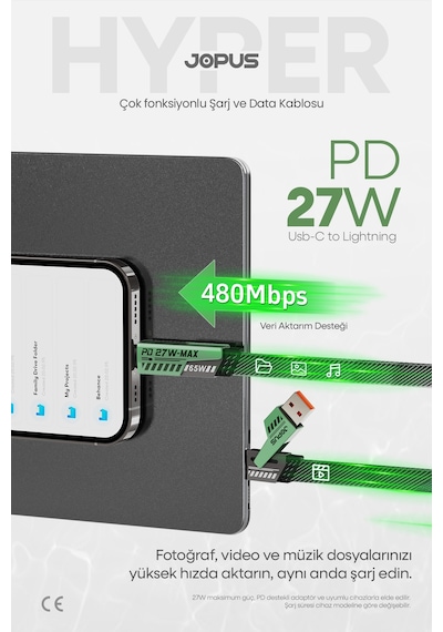 4in1 65w Pd Hızlı Şarj Kablosu İphone Android Uyumlu Type C Lightning Kumaş Örgü Data Pro 1.5 Metre -