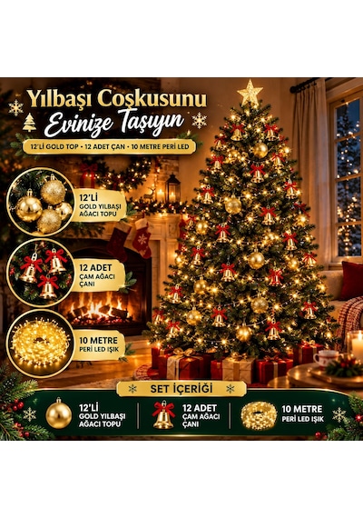 3'lü Yılbaşı Ağacı Süs Seti 12 Li Gold Çam Ağacı Topu 12 Adet Çam Ağacı Çanı 10 Metre Peri Led Işık Diğer