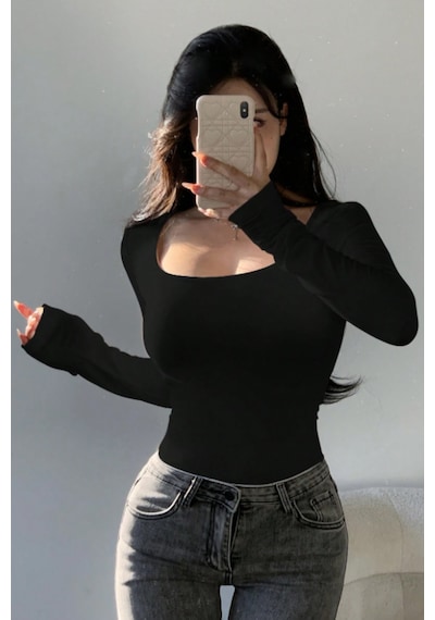 Kadın Siyah Kare Yaka Uzun Kollu Esnek Body Günlük & Şık Slim Fit Basic Bluz Siyah
