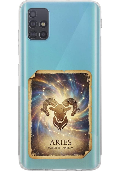 Samsung Galaxy A51 İle Uyumlu Burç Kartları Koç Tasarımlı Şeffaf Silikon Kılıf Şeffaf