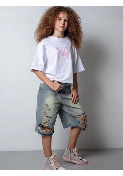 Zekids Kız Çocuk 14 Lıfe Yazılı Pamuklu Tshirt-15795 Beyaz