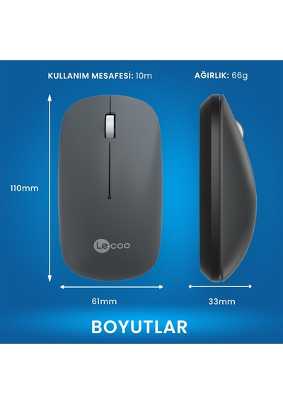 Lecoo Ws214 Kablosuz 1200dpı 3 Tuşlu Optik Mouse Gri Ws214