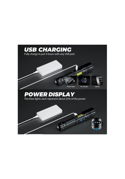 Şarjlı 7 Modlu Taktik El Feneri Usb Powerbank Özellikli Acil Durum Güvenlik Feneri Güçlü Siyah