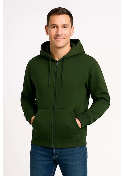 Cvs Giyim Erkek Üç İplik Kapüşonlu Tam Fermuarlı Kanguru Çepli Sweatshirt Hoodie - Haki Haki