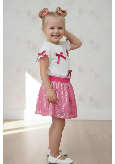 My Kids Wear Kız Çocuk Fiyonk Detaylı Payet Etekli Şık Takım 3-10 Yaş 12503 Açık Pembe