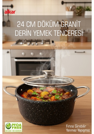 Orta Boy Derin Döküm Granit Yapışmaz Fırına Girebilir Yemek Tenceresi 24 Cm Siyah