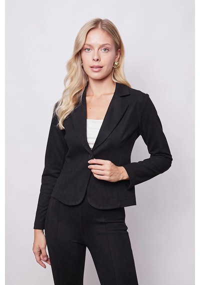 Kadın Kadife Likralı Yumuşak Dokulu Flato Cepli Uzun Kol Düğmeli Blazer Mono Ceket-siyah Siyah