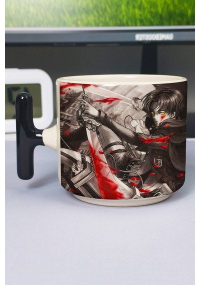 Levi Ackerman Anime Baskılı Seramik Lüks Kupa 1 Adet T Şeklinde Özel Siyah Kulp Dalga Kulp V3t Çok Renkli