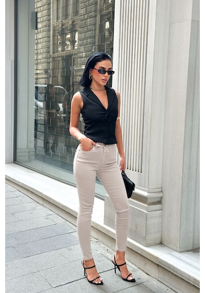 HLT Jeans Kadın Krem Süper Skinny Fit Esnek Likralı Yüksek Bel Denim Jean Kot Pantolon Jennie-2003 Krem