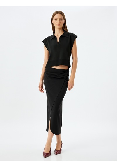 Koton Slim Fit Drapeli Midi Boy Asimetrik Kruvaze Etek Siyah 5sak10037ek Siyah