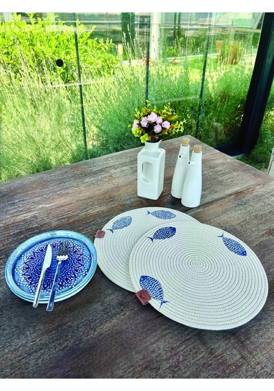 2'li Set Balıklar İşlemeli Amerikan Servis-leke Tutmaz Natural 33 Cm Beyaz