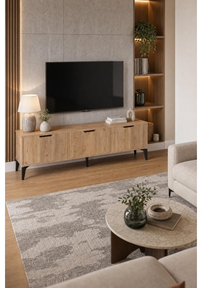 Sulorahome Bej Sepet Desenli Suntalam Tv Sehpası 160x35 Cm Açık Ceviz