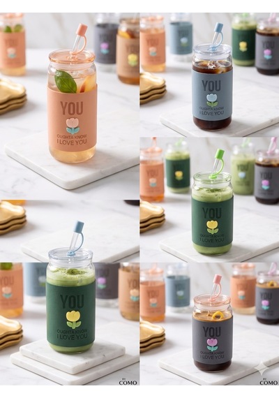 Minnoş 350ml Cam Pipetli Bardak Kapaklı Süet Kılıflı Soğuk Kahve Smoothie Sunum Bardağı B