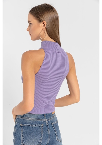 Miss Poem Kadın Kolsuz Slim Fit Boğazlı Fitilli Kısa Antrasit Triko Crop Lila