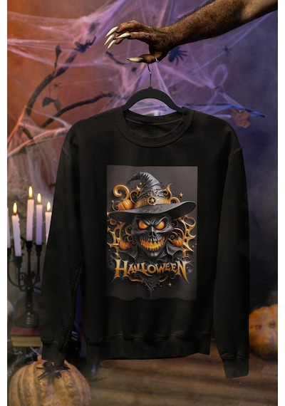 Magors Stil-x Halloween - Cadılar Bayramı Baskılı Unısex Sweatshırt, 3 İplik Şardonlu Siyah-6 Magors Stil-x Halloween - Cadılar Bayramı Baskılı Unısex Sweatshırt, 3 İplik Şardonlu Siyah-6