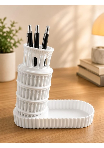 Leaf Creative Plastik Pisa Kulesi Tasarımlı Kalemlik Ve Aksesuar Tepsisi Beyaz - Çok Renkli