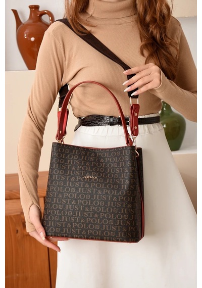 Just Polo Kadın Monogram Baskılı El Ve Omuz Çantası Ebat 25 X 25 Kahve Kırmızı