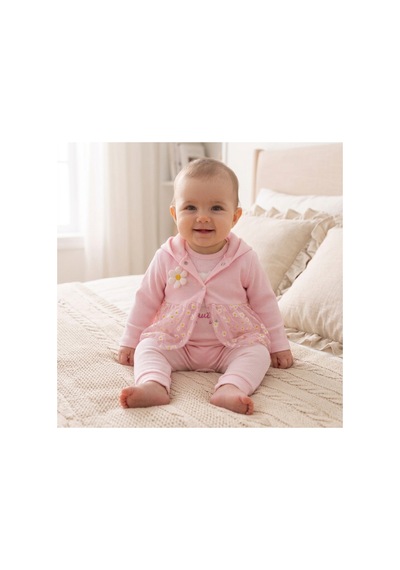Bambık Nayinom Kız Bebek Tül Detaylı Papatyalı 3'lü Takım %100 Pamuk Pembe Pembe