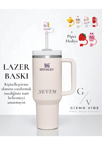 Stanley Kişiselleştirilebilir Quencher Pipetli Paslanmaz Çelik Vakum Yalıtımlı Termos Bardak 1.18 L Özel İsimli Açık Pembe