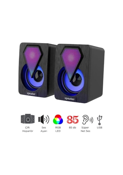Bilgisayar Hoparlörü Rgb Led Işıklı Laptop Gaming Oyuncu Hoparlörü 1+1 Ses Sistemi Spreaker