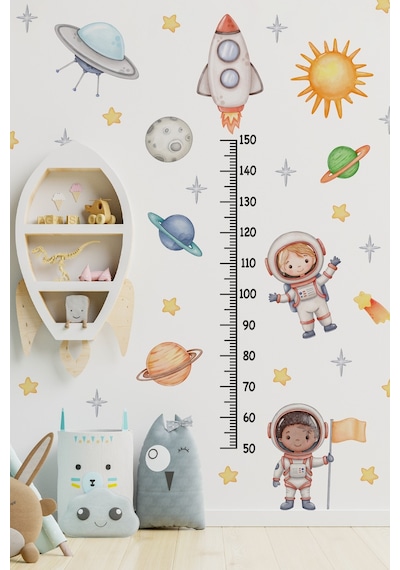 Astronotlar, Uzay Ve Gezegenler Temalı Temalı Boy Ölçer Boy Cetveli Sticker Seti Çocuk Dijital Baskı