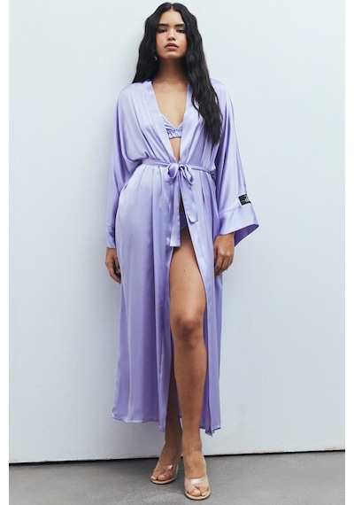 Frappant Lila Uzun Saten Sabahlık / Kimono Lila