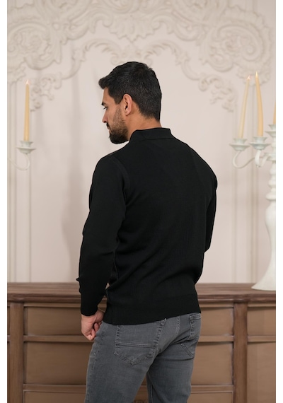 Woolen World Polo Yaka Cepli Armürlü Yünlü Erkek Triko Kazak Siyah