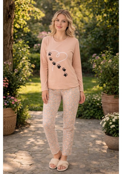 Rindahomewear Kadın Patili Süprem Uzun Kol Pijama Takımı Bej