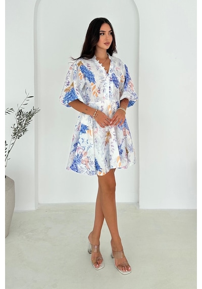 Asprin Fashion Kaplama Düğme Detaylı Keten Elbise Desenli