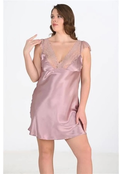 Ang Butik Kadın Premium Büyük Beden Dantel İşlemeli Vizon Gecelik