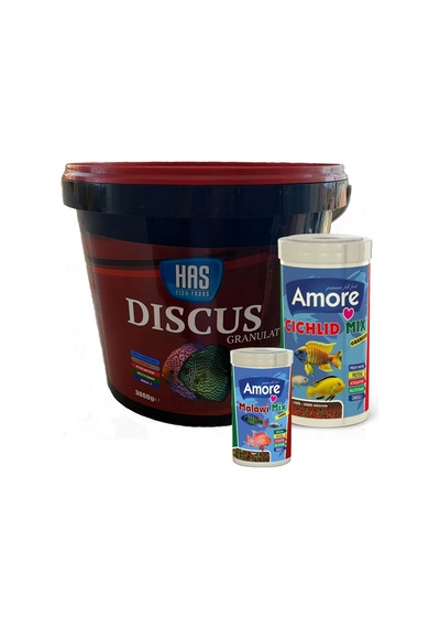 Discus Granulat 3 Kg Kova ve Malawi Mix 250ml ve Cichlid Mix 1Lt
