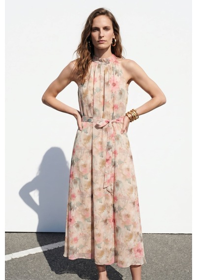 Sateen Desenli Uzun Elbise - Pembe-137409
