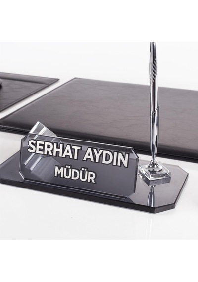 Sierra Ofis Siyah Deri Sümen Takımı Ve Kristal Masa İsimliği Ofis Masa Sümen Seti Ve İsimlik