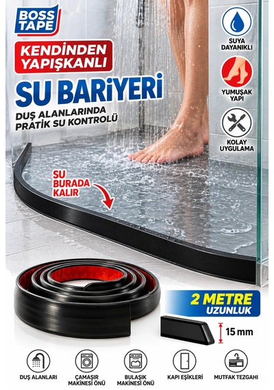 Kendinden Yapışkanlı Su Bariyeri Siyah 2 Metre 15 Mm Esnek Duşakabin Su Tutucu Bant Su Bariyeri