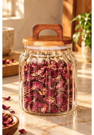 Atbyhome Akasya Kapaklı Çizgili Borosilikat Cam Kavanoz 1150 Ml - Vakumlu Büyük Boy Erzak Bakliyat Saklama Kabı