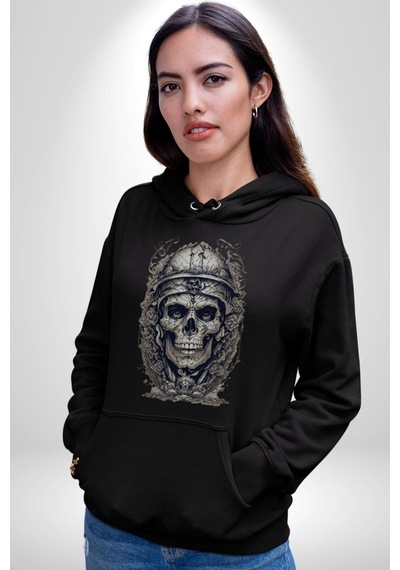 Kask Miğfer İskelet Asker Kadın Erkek Siyah Kapüşonlu Sweatshirt Hoodie Siyah