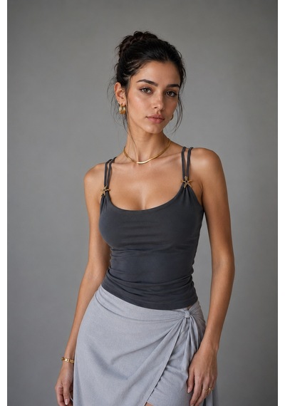 Wild Bee Kadın Antrasit Aksesuar Detaylı İp Askılı Slim Fit Bluz