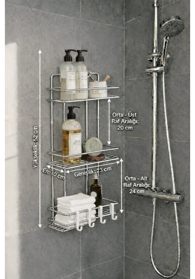 Sas Haus Krom 3 Katlı Banyo Rafı Şampuanlık Ve Duş Rafı Askılı Yapışkanlı Duvara Monte Tş-03 Krom